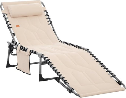 Outsunny Padded Folding Chaise Lounge Chair, Outdoor 6-Level Reclining Camping Tanning Chair with Headrest for Beach, Yard, Patio, Pool, Beige