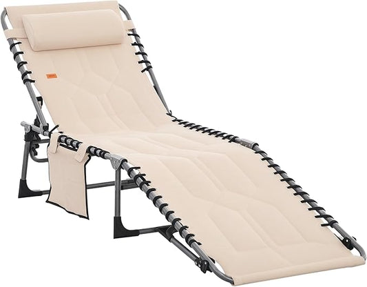Outsunny Padded Folding Chaise Lounge Chair, Outdoor 6-Level Reclining Camping Tanning Chair with Headrest for Beach, Yard, Patio, Pool, Beige