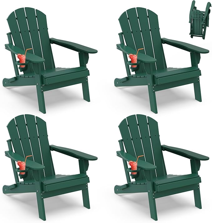 IVY&LANE Folding-Adirondack-Chairs-Set-of-4 | HDPE Plastic | Outdoor Fire Pit Chair with Cup Holder | Forest Green | Poly | Weather Resistant | for Patio Deck Poolside Garden Beach