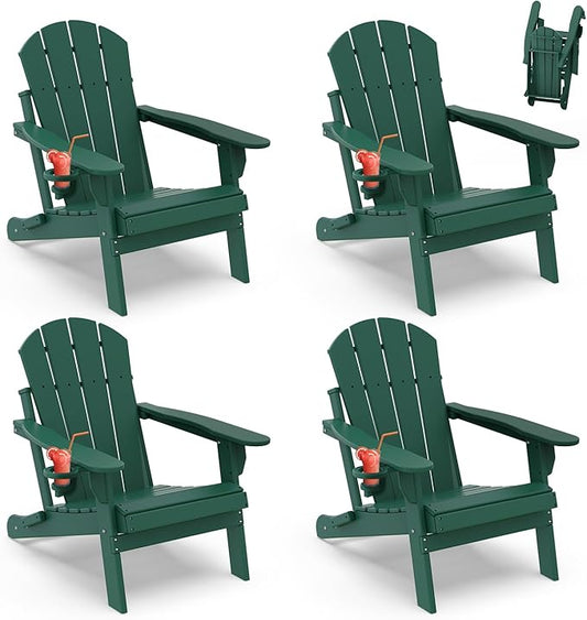 IVY&LANE Folding-Adirondack-Chairs-Set-of-4 | HDPE Plastic | Outdoor Fire Pit Chair with Cup Holder | Forest Green | Poly | Weather Resistant | for Patio Deck Poolside Garden Beach