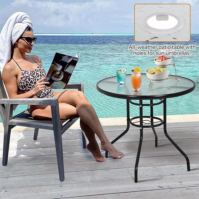 32in Outdoor Table Patio Dining Table Outdoor Dining Table with Umbrella Hole Round Tempered Glass for Yard Bistro Lawn - Photo 4
