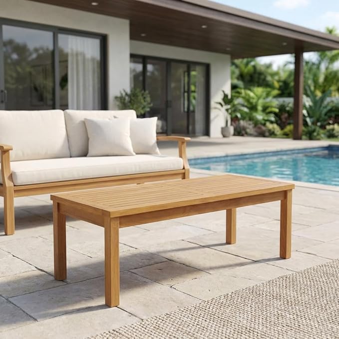 Brown Teak Wood Outdoor Coffee Table, Durable Weather-Resistant Teak, 59W X 23.5D X 17.5H Inches, Patio and Garden Decor - Photo 4