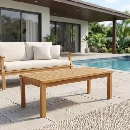 Brown Teak Wood Outdoor Coffee Table, Durable Weather-Resistant Teak, 59W X 23.5D X 17.5H Inches, Patio and Garden Decor