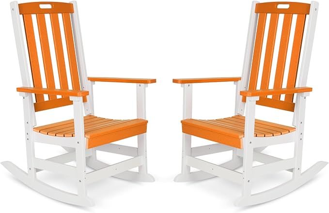 Aoodor Outdoor Rocking Chair, Ergonomic HDPE Rockers with All-Weather Design for Patio or Porch, Clashing Colors, Orange and White,Set of 2