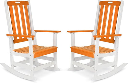 Aoodor Outdoor Rocking Chair, Ergonomic HDPE Rockers with All-Weather Design for Patio or Porch, Clashing Colors, Orange and White,Set of 2
