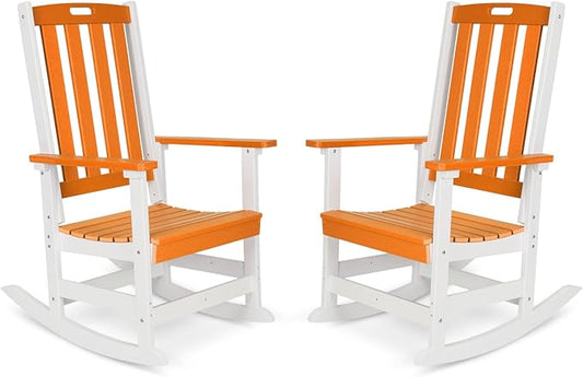 Aoodor Outdoor Rocking Chair, Ergonomic HDPE Rockers with All-Weather Design for Patio or Porch, Clashing Colors, Orange and White,Set of 2