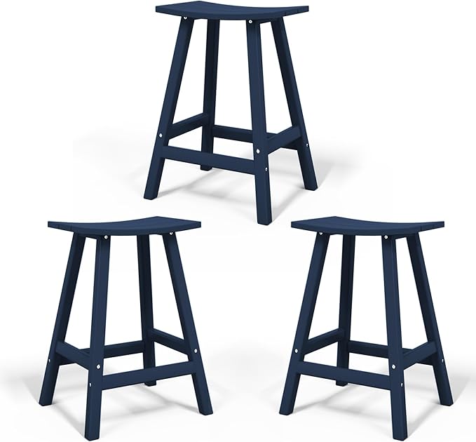 Costaelm All-Weather Bar Stools Set of 3, 24" Height Outdoor Bar Stools, Adirondack Poly Patio Bar Stool for Patio, Deck, Kitchen Counter and Garden, Navy Blue