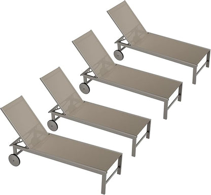 QAQA 4 PCS Outdoor Chaise Lounge with Wheels, Aluminum Patio Lounge Chairs with 5 Adjustable Positions for Poolside, Beach, Yard, Khaki