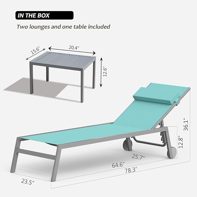 Domi Patio Chaise Lounge Set of 2 with Side Table, Aluminum Adjustable Pool Lounge Chairs - Photo 8