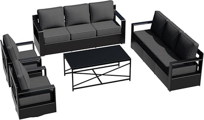 Outdoor Aluminum Furniture Set, 4-Piece Patio Conversation Set, 2 Swivel Chairs, 2 Sofa and 1 Table, All-Weather Metal Frame, 6" Thick Removable Cushions, Deep Setting for Garden, Porch