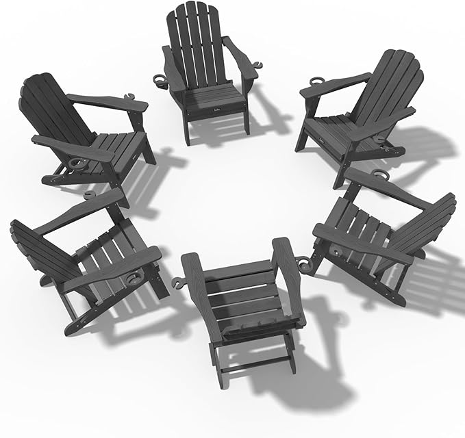Adirondack Chairs Set of 6, Fire Pit Chairs, Wood Texture Patio Chairs with 2 Cup Holder, Outdoor Lawn Chair, Grey - Photo 3