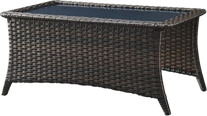 Rilyson Patio Tables Wicker Coffee Table - Outdoor Rattan Coffee Tables with Glass Top for Patio Proch Deck Balcony Rectangle Brown
