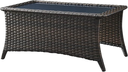Rilyson Patio Tables Wicker Coffee Table - Outdoor Rattan Coffee Tables with Glass Top for Patio Proch Deck Balcony Rectangle Brown
