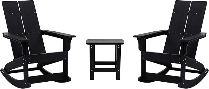 Flash Furniture Set of 2 Finn Modern Commercial Grade Adirondack Rocking Chairs - All-Weather Black Poly Resin Wood - Photo 1
