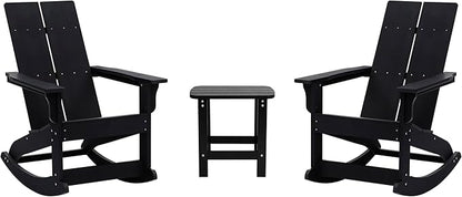 Flash Furniture Set of 2 Finn Modern Commercial Grade Adirondack Rocking Chairs - All-Weather Black Poly Resin Wood - Matching Side Table