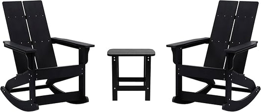 Flash Furniture Set of 2 Finn Modern Commercial Grade Adirondack Rocking Chairs - All-Weather Black Poly Resin Wood - Matching Side Table
