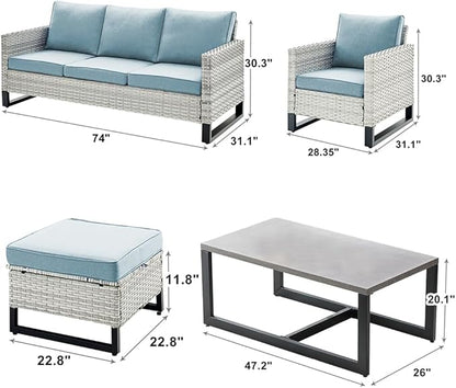 Rilyson Wicker Outdoor Patio Furniture Set - 6 Piece Patio Conversation Set with 2 Armrest Chairs,2 Rattan Ottoman,1 Couch and 1 Metal Side Table for Outside Porch Deck Backyard(Light Grey/Sky Blue)