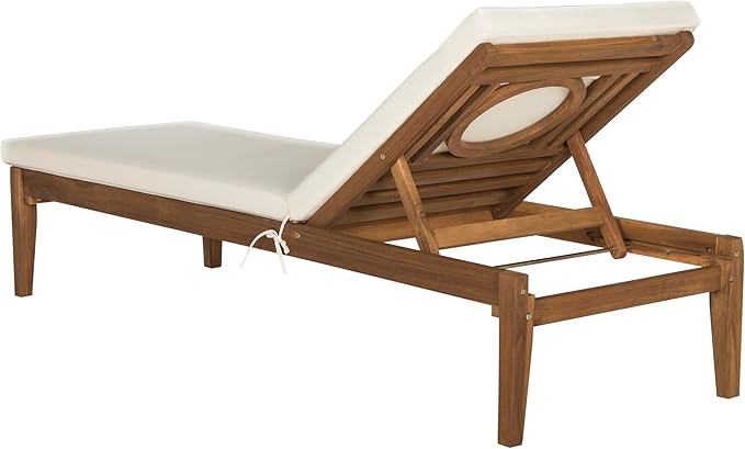 SAFAVIEH Outdoor Collection Montclair Natural Solid Wood/Beige Cushion Adjustable Chaise Lounge Chair (PAT6731A)
