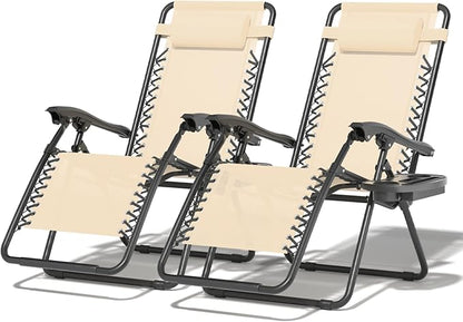 Zero Gravity Chair, Portable Outdoor Chair, Reclining Patio Lounge Chair with Adjustable Pillow and Cup Holder Trays for Outdoor, Patio, Beach, Camping, Garden, Poolside, 2 Pack, Beige