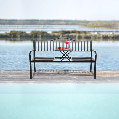 VINGLI 59" Outdoor Metal Bench Patio Bench with Built in Table Park Bench Garden Bench, Outside Benches Weather Proof Front Porch Bench for Yard Lawn Decor Deck