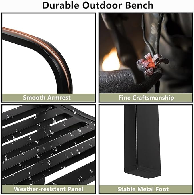 50" Outdoor Bench,Metal Outside Benches for Garden,Patio,Front Porch, Park, Yard, with Armrest and PVC Backrest,Weather Resistant,Iron,Support up to 750lbs,Black