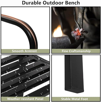 50" Outdoor Bench,Metal Outside Benches for Garden,Patio,Front Porch, Park, Yard, with Armrest and PVC Backrest,Weather Resistant,Iron,Support up to 750lbs,Black