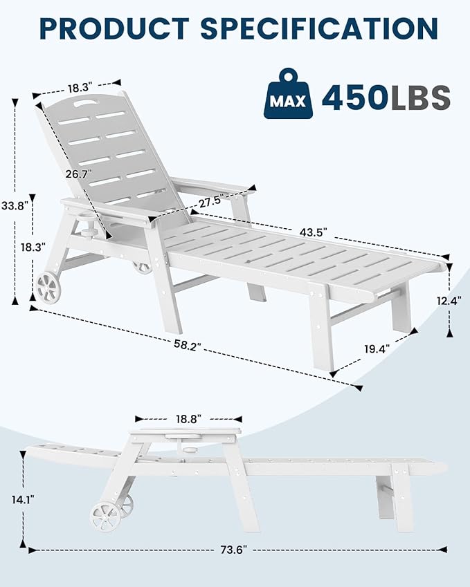 FOOWIN Chaise Lounge Chair Set of 2，HDPE Lounge Chair Outdoor with 5 Positions,Oversized Pool Lounge Chairs with Rolling Wheels & Cup Holder for Poolside Deck Backyard,White