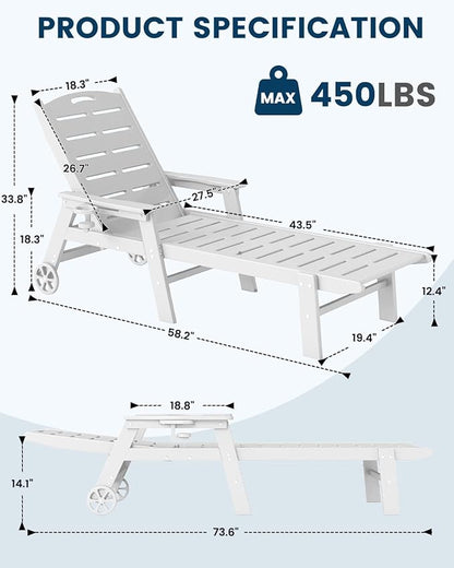 FOOWIN Chaise Lounge Chair Set of 2，HDPE Lounge Chair Outdoor with 5 Positions,Oversized Pool Lounge Chairs with Rolling Wheels & Cup Holder for Poolside Deck Backyard,White