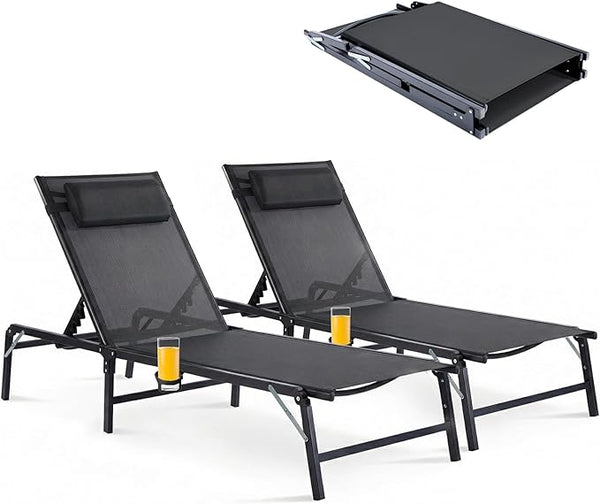 2 Pack Foldable Chaise Lounge Chair with Cup Holder - Photo 1