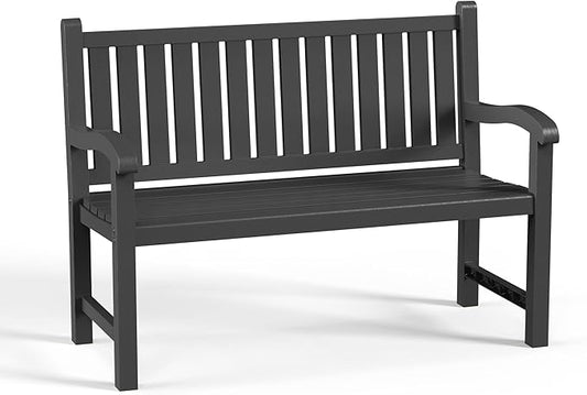 ROJIK Outdoor Bench Resin Patio Chairs Waterproof 2-Person Slatted Chairs with Sturdy Frame, Comfortable Seating for Garden Backyard Porch and Park(Black)