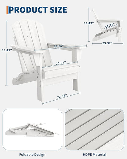 GarveeLife Folding Adirondack Chairs Set of 4, HDPE Plastic Outdoor Chairs with Wood Texture - 380 LBS & Weather Resistant for Fire Pit, Deck, Patio, Pool, Backyard - White