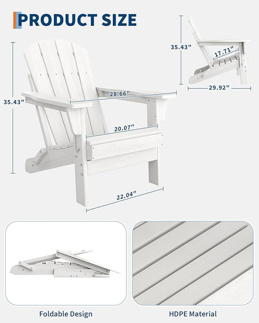 GarveeLife Folding Adirondack Chairs Set of 4 with 2 Side Table, HDPE Plastic Outdoor Chairs with Wood Texture - 380 LBS & Weather Resistant for Fire Pit, Deck, Patio, Pool, Backyard - White