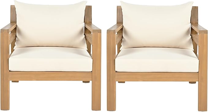 Christopher Knight Home Jamaia Outdoor Acacia Wood Club Chair Set of 2, Patio Armchair with Thick Beige Cushions, Deep Seating Furniture for Garden, Porch, Backyard, Balcony, Light Teak Finish, Beige