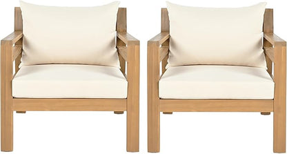 Christopher Knight Home Jamaia Outdoor Acacia Wood Club Chair Set of 2, Patio Armchair with Thick Beige Cushions, Deep Seating Furniture for Garden, Porch, Backyard, Balcony, Light Teak Finish, Beige