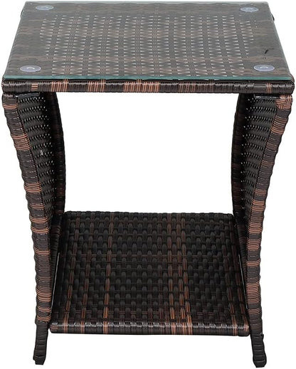 Wicker Rattan Side Table, Outdoor Square Rattan Coffee End Table with Tempered Glass Top and Storage for Patio Porch Lawn (Brown)