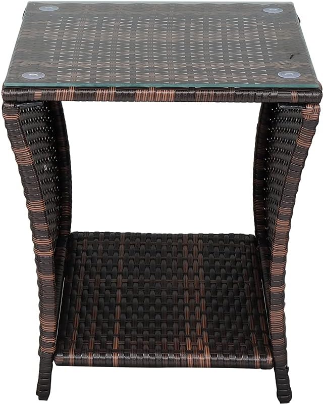 Henf Wicker Rattan Side Table Outdoor Square End Table Coffee Table with Glass Top, Patio Wicker Garden Side Table Small End Table with Storage for Patio Courtyard Balcony (Brown)