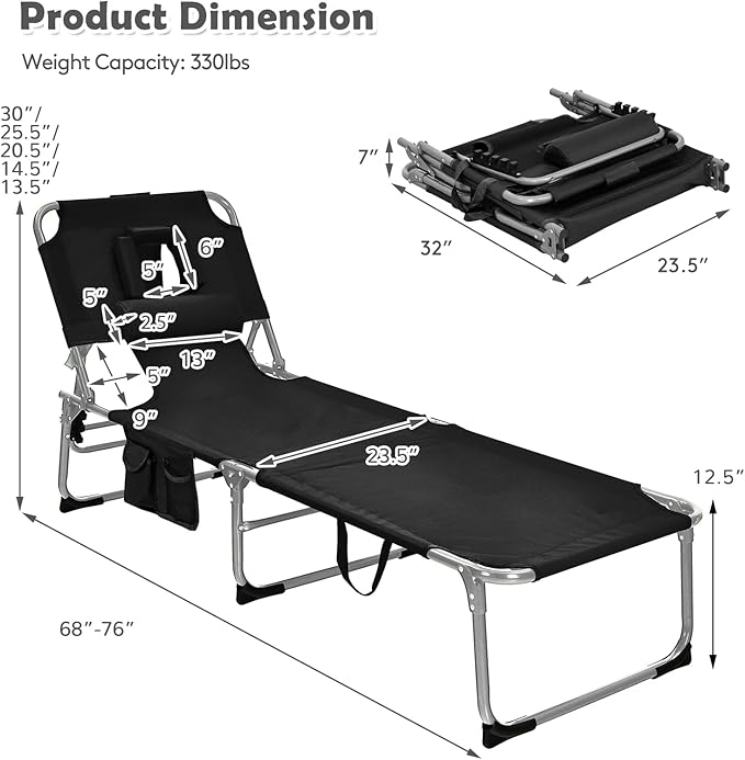 Goplus Tanning Chair, Folding Beach Lounge Chair with Face &Arm Hole, 5-Position Adjustable, Removable Pillow - Photo 3