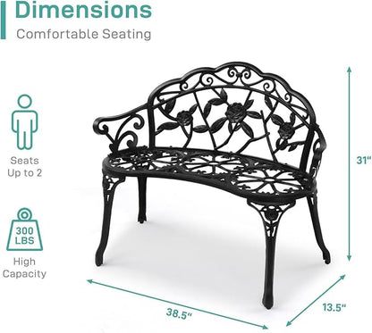 38.5" Outdoor Bench,Metal Outside Benches for Garden,Patio,Front Porch, Park, Yard, with Armrest and Backrest,Weather Resistant,Aluminum Seat,Iron Legs,Support up to 300lbs,Black