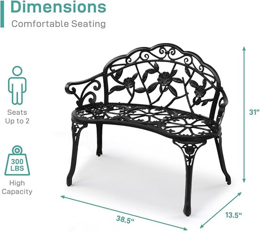 38.5" Outdoor Bench,Metal Outside Benches for Garden,Patio,Front Porch, Park, Yard, with Armrest and Backrest,Weather Resistant,Aluminum Seat,Iron Legs,Support up to 300lbs,Black