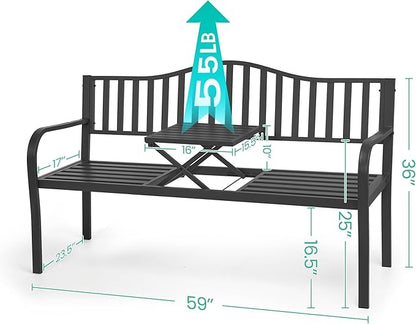 BODIOO Outdoor Metal Garden Bench 59" Patio Bench with Built in Table Park Bench, Outside Bench Weather Proof Front Porch Bench, 500lbs, Gray