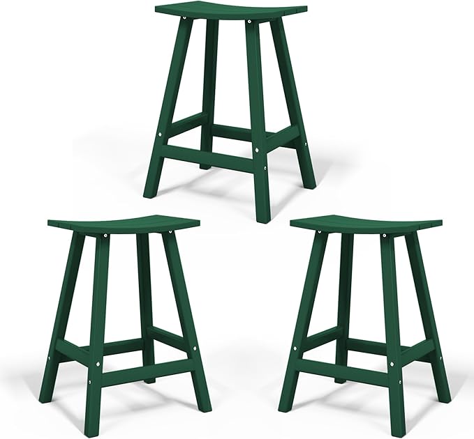 Costaelm All-Weather Bar Stools Set of 3, 24" Height Outdoor Bar Stools, Adirondack Poly Patio Bar Stool for Patio, Deck, Kitchen Counter and Garden, Dark Green