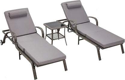 HOMREST Pool Lounge Chairs Set of 3, Outdoor Wicker Chaise Lounge Chair with 5 Adjustable Backrest & Flexible Wheels & Thicken Cushion for Patio Garden and Poolside, Gray