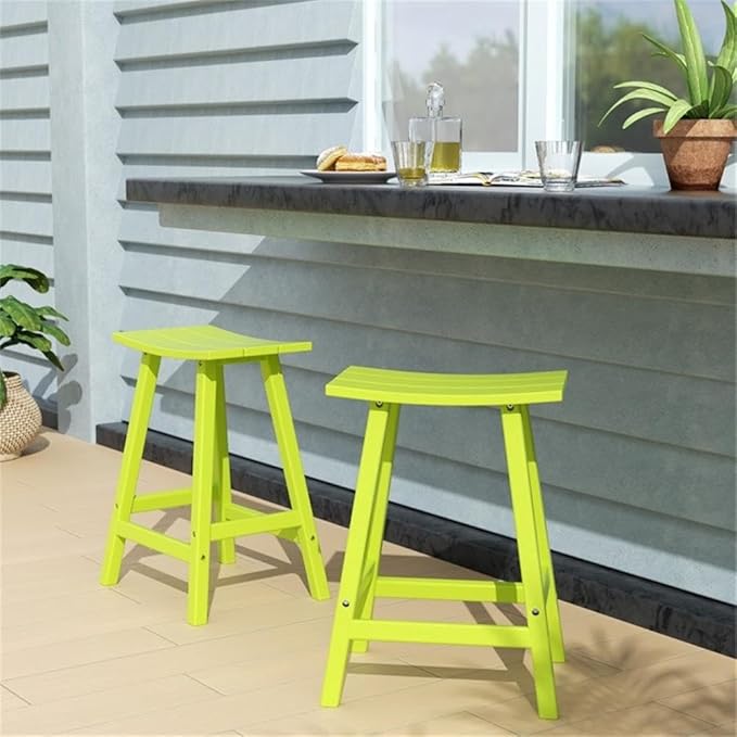Costaelm All-Weather Bar Stools Set of 2, 24" Height Outdoor Bar Stools, Adirondack Poly Patio Bar Stool for Patio, Deck, Kitchen Counter and Garden, Lime