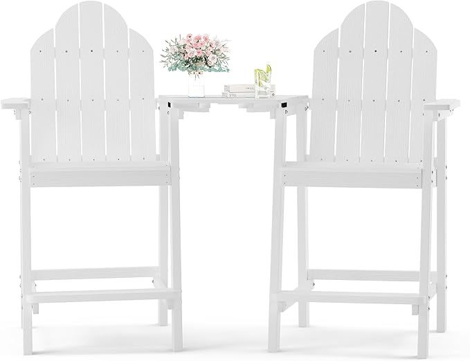 LUE BONA Tall Adirondack Chair Set of 2, All Weather HDPS Bar Height Adirondack Chair with Detachable Table & Umbrella Hole, Adirondack Barstools for Patio, Deck, Backyard & Commercial Use White