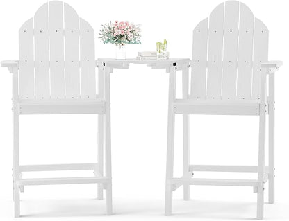 LUE BONA Tall Adirondack Chair Set of 2, All Weather HDPS Bar Height Adirondack Chair with Detachable Table & Umbrella Hole, Adirondack Barstools for Patio, Deck, Backyard & Commercial Use White