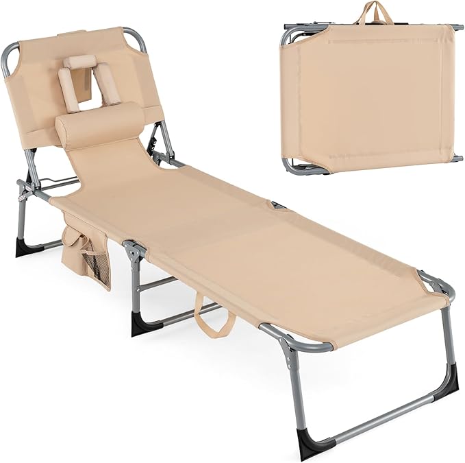 Giantex Face Down Tanning Chair, Folding Beach Lounge Chair w/ 4-Position Adjustable Backrest - Photo 1