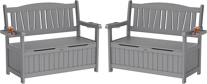 YEFU Outdoor Storage Bench for Patio: Heavy Duty Garden Bench Set of 2 with 96° High Backrest & Oversized Seating - HIPS Weatherproof Patio Bench with Storage for Porch Park Backyard, Grey