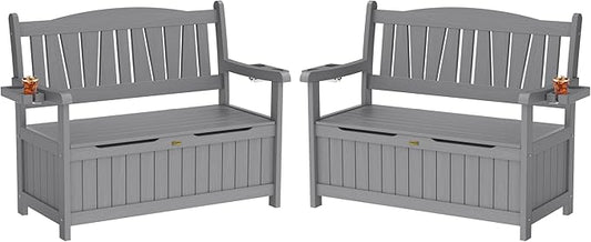 YEFU Outdoor Storage Bench for Patio: Heavy Duty Garden Bench Set of 2 with 96° High Backrest & Oversized Seating - HIPS Weatherproof Patio Bench with Storage for Porch Park Backyard, Grey