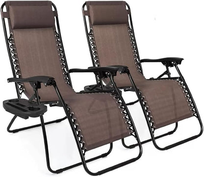 2-Pack Adjustable Zero Gravity Lounge Chair with Steel Mesh Fabric: Reclining Lawn Chair Featuring Comfort Pillow, Cup Holder Tray, and Customizable Recline Positions