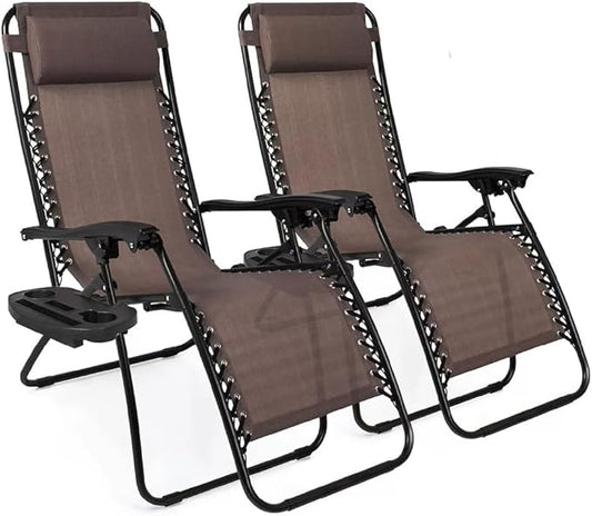 2-Pack Adjustable Zero Gravity Lounge Chair with Steel Mesh Fabric: Reclining Lawn Chair Featuring Comfort Pillow, Cup Holder Tray, and Customizable Recline Positions